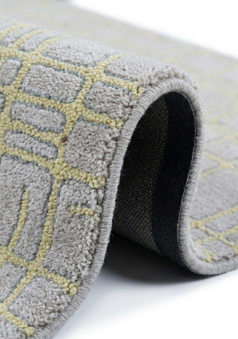 100% Wool Handmade Light Grey Rug | Contemporary Geometric Carpet With Cotton Backing For Living Room - Indya