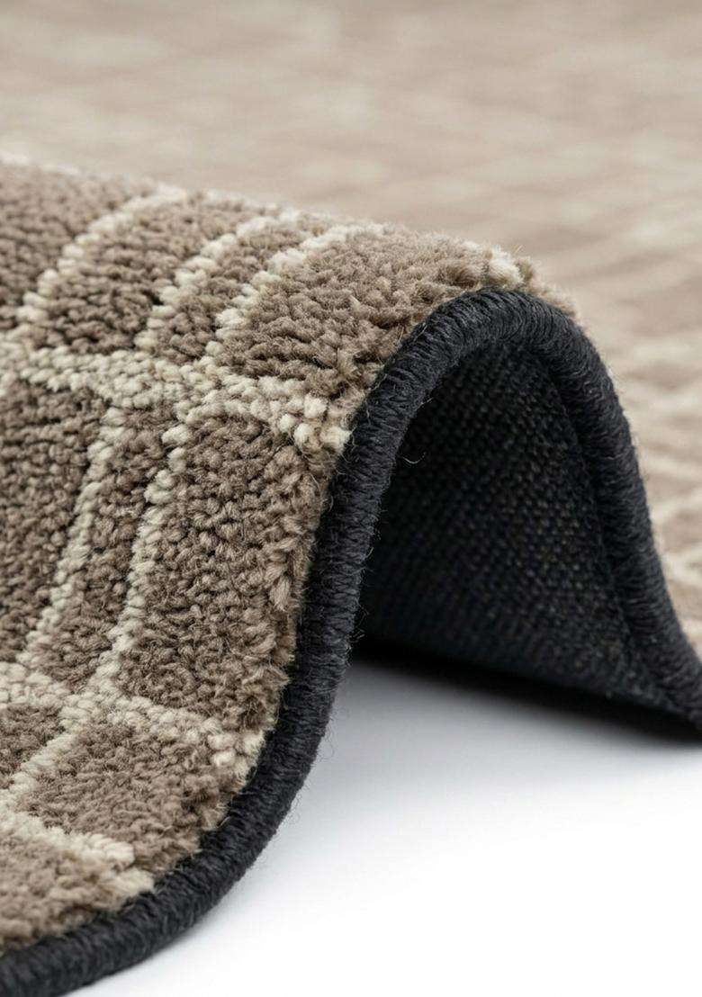 100% Wool Handmade Earthy Brown Rug | Contemporary Geometric Carpet With Cotton Backing For Living Room - Indya