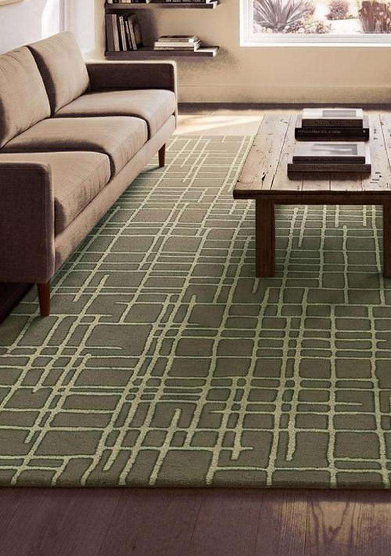 100% Wool Handmade Olive Green Rug | Contemporary Geometric Carpet With Cotton Backing For Living Room - Indya