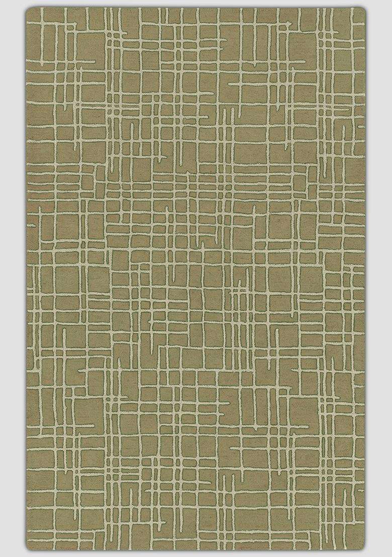 100% Wool Handmade Olive Green Rug | Contemporary Geometric Carpet With Cotton Backing For Living Room - Indya