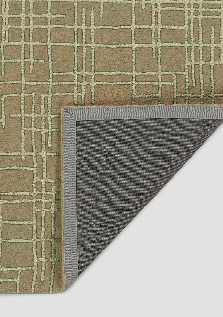 100% Wool Handmade Olive Green Rug | Contemporary Geometric Carpet With Cotton Backing For Living Room - Indya