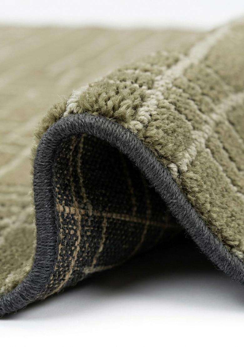 100% Wool Handmade Olive Green Rug | Contemporary Geometric Carpet With Cotton Backing For Living Room - Indya
