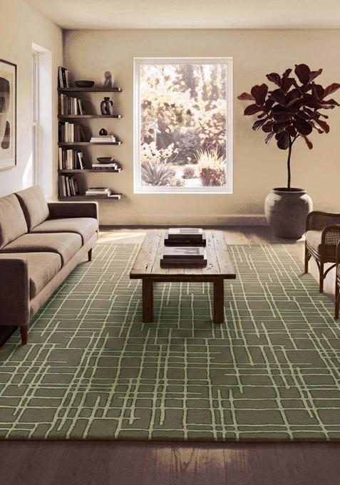 Saffron Rugs Hand Tufted Olive Green Geometric Contemporary Rectangular Wool Area Rug