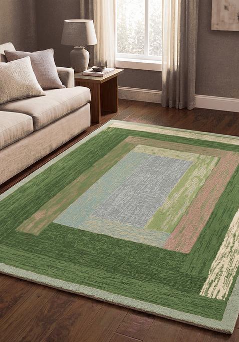 Saffron Rugs Hand Tufted Olive Green Geometric Contemporary Rectangular Wool Area Rug