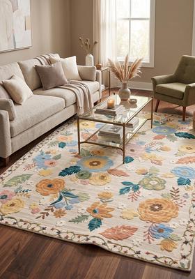 Saffron Rugs Hand Tufted Butter Yellow Floral Cottage Rectangular Wool Area Rug