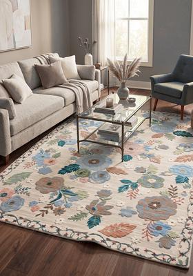 Saffron Rugs Hand Tufted Blush Pink Floral Cottage Rectangular Wool Area Rug
