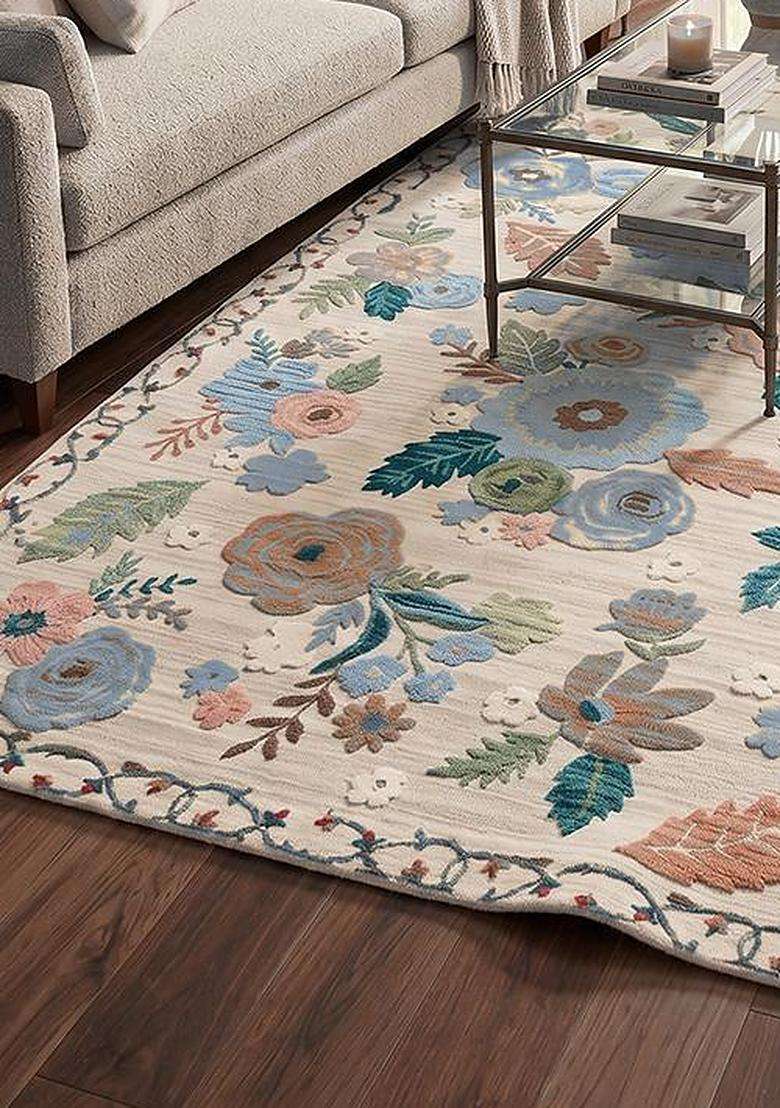 100% Wool Handmade Blush Pink Rug | Cottage Floral Carpet With Cotton Backing For Living Room - Indya