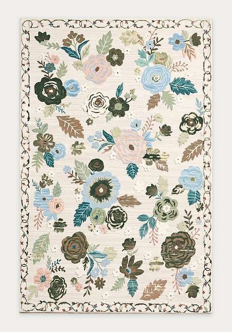 100% Wool Handmade Forest Green Rug | Cottage Floral Carpet With Cotton Backing For Living Room