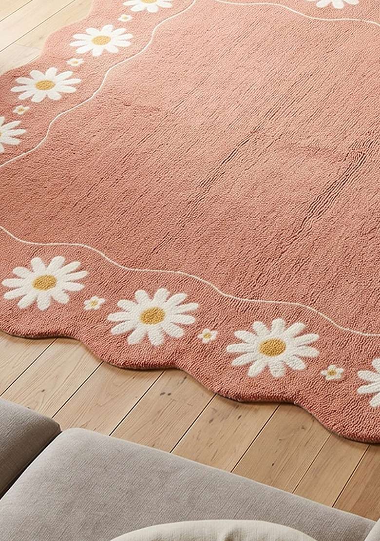 100% Wool Handmade Dusty Peach Rug | Cottage Floral Square Carpet With Cotton Backing For Living Room - Indya
