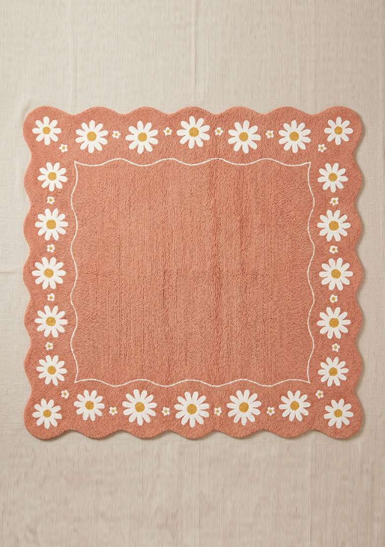 100% Wool Handmade Dusty Peach Rug | Cottage Floral Square Carpet With Cotton Backing For Living Room - Indya