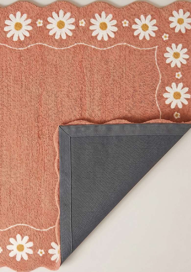 100% Wool Handmade Dusty Peach Rug | Cottage Floral Square Carpet With Cotton Backing For Living Room - Indya