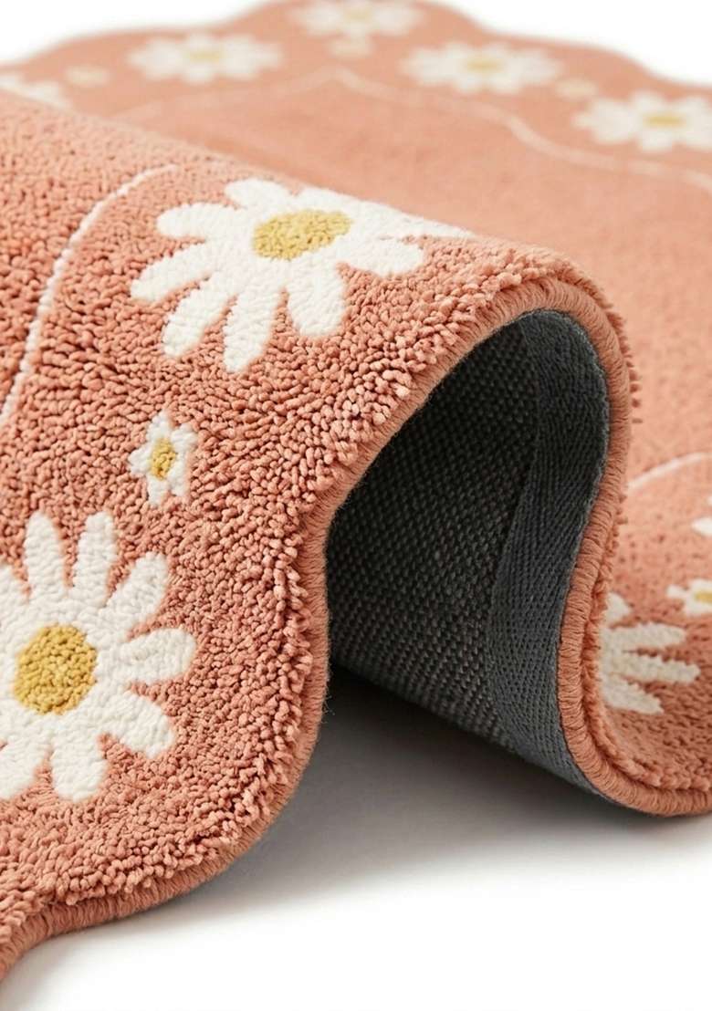 100% Wool Handmade Dusty Peach Rug | Cottage Floral Square Carpet With Cotton Backing For Living Room - Indya