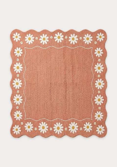 100% Wool Handmade Dusty Peach Rug | Cottage Floral Square Carpet With Cotton Backing For Living Room