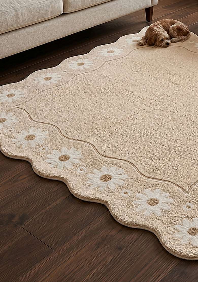 100% Wool Handmade Ivory Rug | Cottage Floral Square Carpet With Cotton Backing For Living Room - Indya