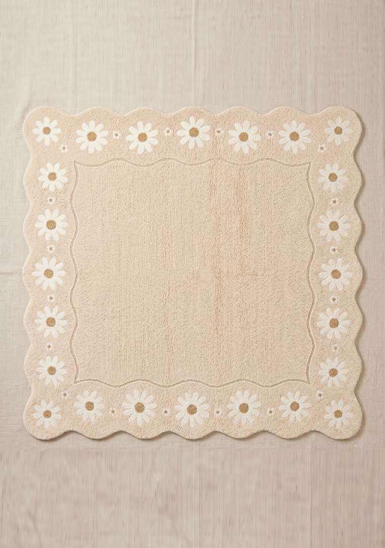 100% Wool Handmade Ivory Rug | Cottage Floral Square Carpet With Cotton Backing For Living Room - Indya