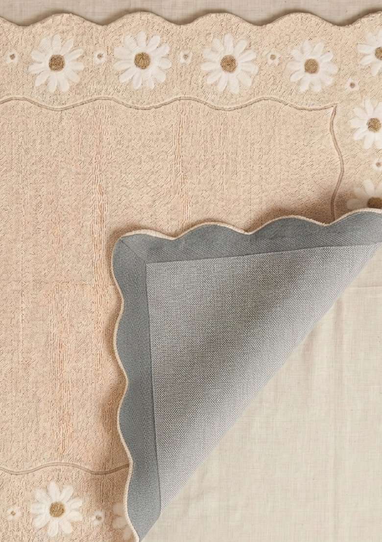 100% Wool Handmade Ivory Rug | Cottage Floral Square Carpet With Cotton Backing For Living Room - Indya
