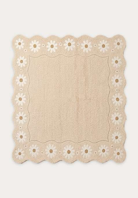 100% Wool Handmade Ivory Rug | Cottage Floral Square Carpet With Cotton Backing For Living Room
