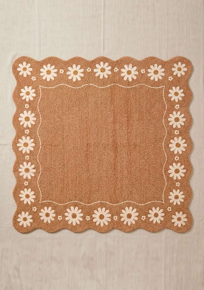 Saffron Rugs Warm Camel Cottage Floral Hand Tufted Wool Square Rug - Indya