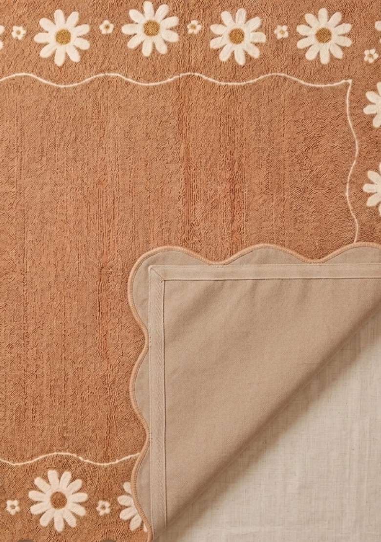 Saffron Rugs Warm Camel Cottage Floral Hand Tufted Wool Square Rug - Indya