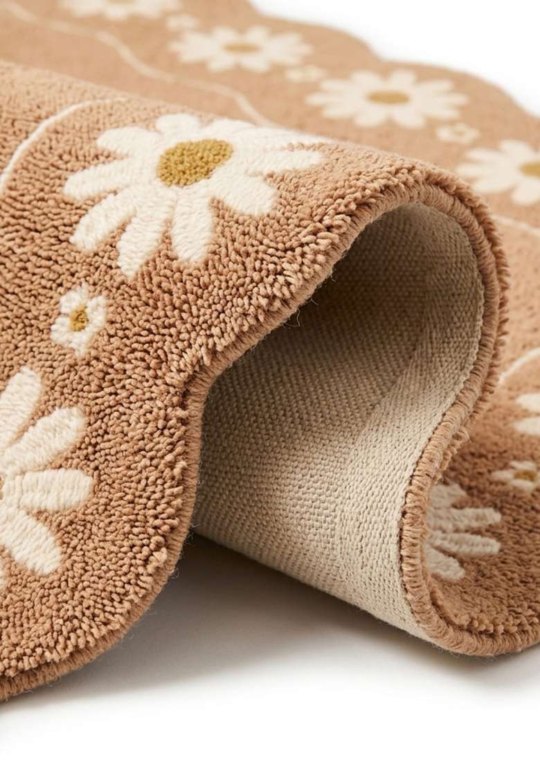 Saffron Rugs Warm Camel Cottage Floral Hand Tufted Wool Square Rug - Indya