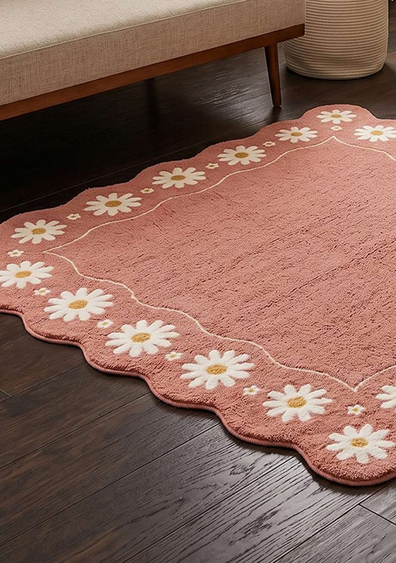 100% Wool Handmade Dusty Rose Rug | Cottage Floral Square Carpet With Cotton Backing For Living Room - Indya