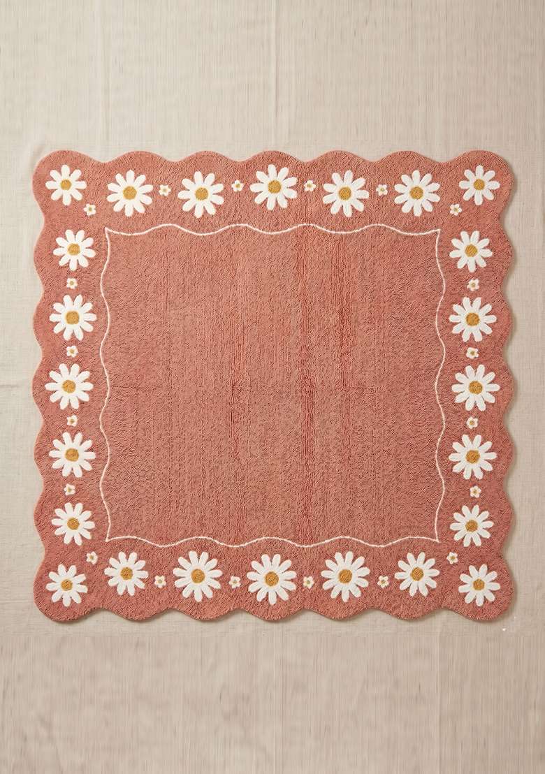 100% Wool Handmade Dusty Rose Rug | Cottage Floral Square Carpet With Cotton Backing For Living Room - Indya