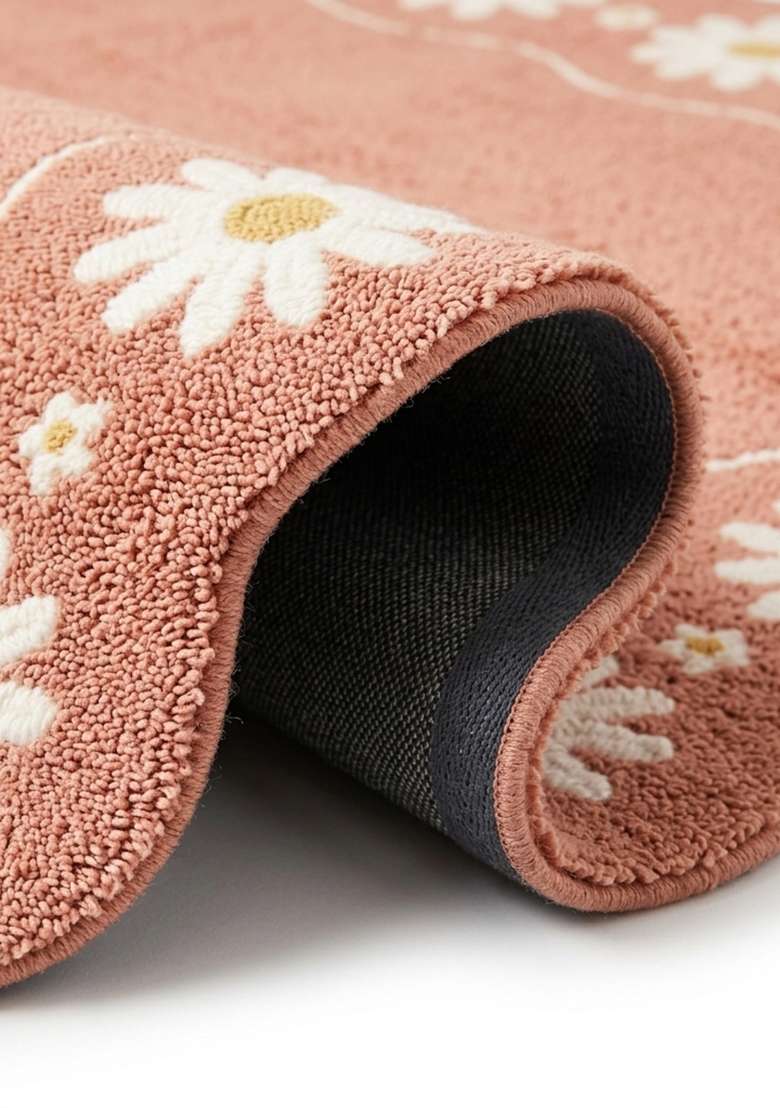 100% Wool Handmade Dusty Rose Rug | Cottage Floral Square Carpet With Cotton Backing For Living Room - Indya