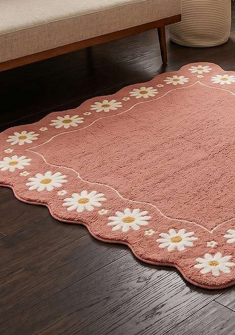 100% Wool Handmade Dusty Rose Rug | Cottage Floral Square Carpet With Cotton Backing For Living Room