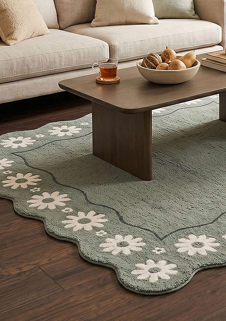 Saffron Rugs Muted Sage Cottage Floral Hand Tufted Wool Square Rug - Indya