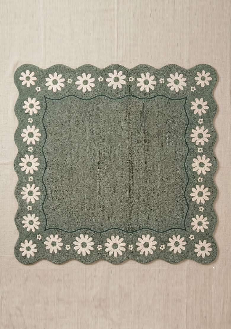 Saffron Rugs Muted Sage Cottage Floral Hand Tufted Wool Square Rug - Indya
