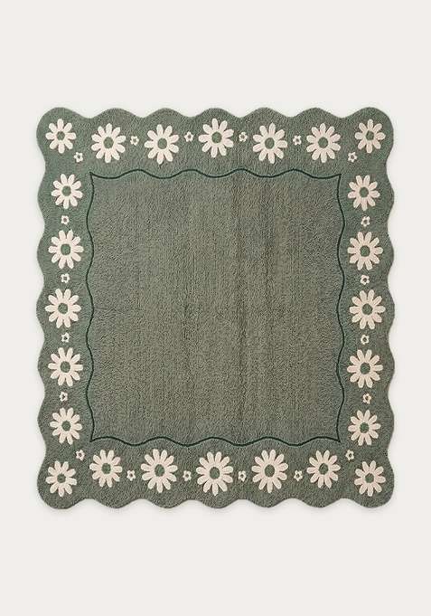 100% Wool Handmade Muted Sage Rug | Cottage Floral Square Carpet With Cotton Backing For Living Room