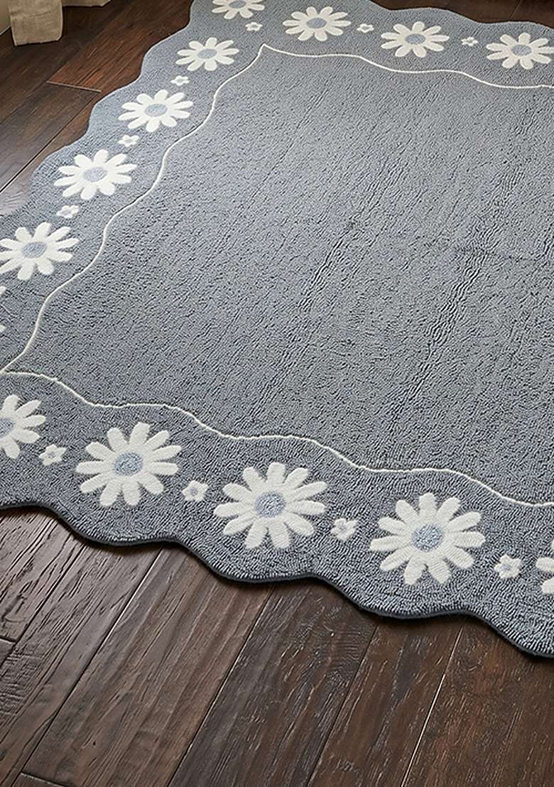 100% Wool Handmade Slate Gray Rug | Cottage Floral Square Carpet With Cotton Backing For Living Room - Indya
