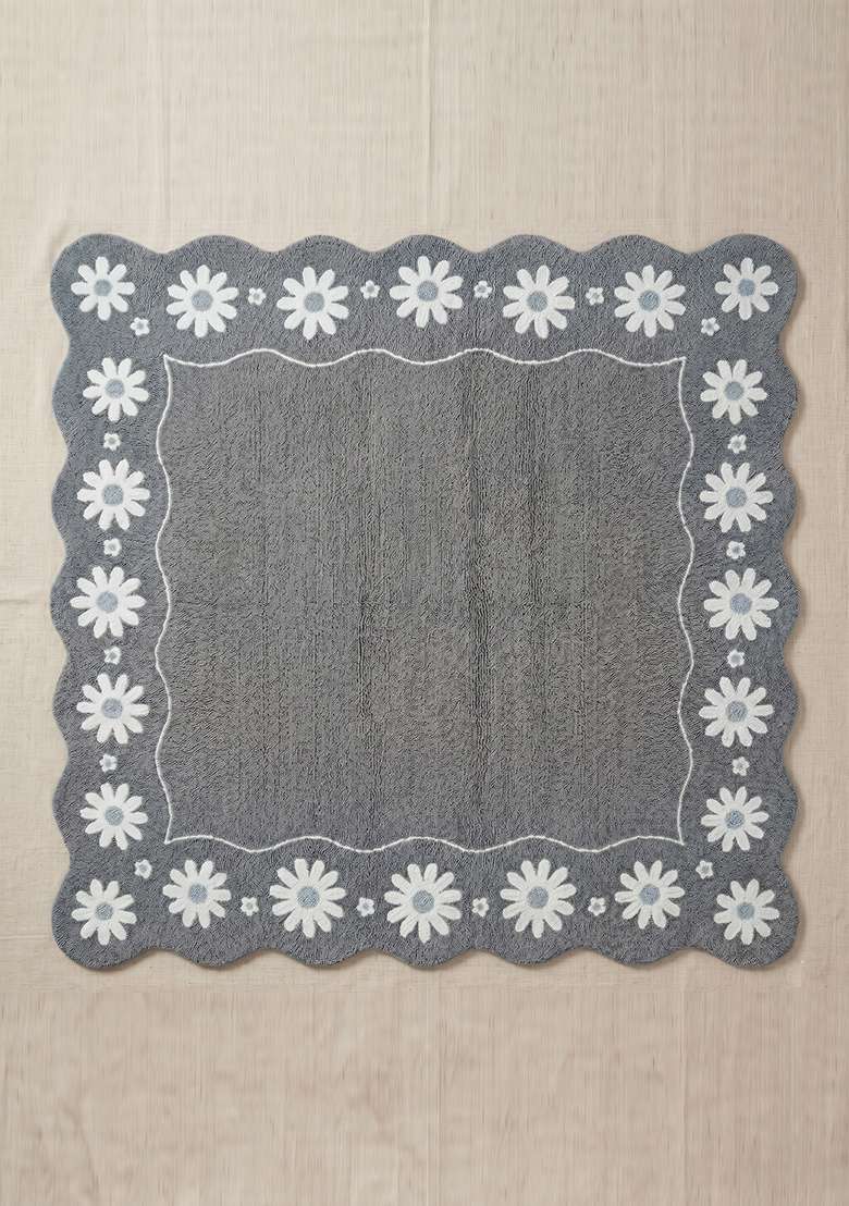 100% Wool Handmade Slate Gray Rug | Cottage Floral Square Carpet With Cotton Backing For Living Room - Indya