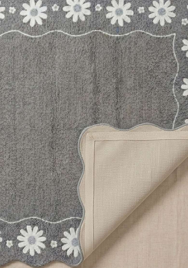 100% Wool Handmade Slate Gray Rug | Cottage Floral Square Carpet With Cotton Backing For Living Room - Indya