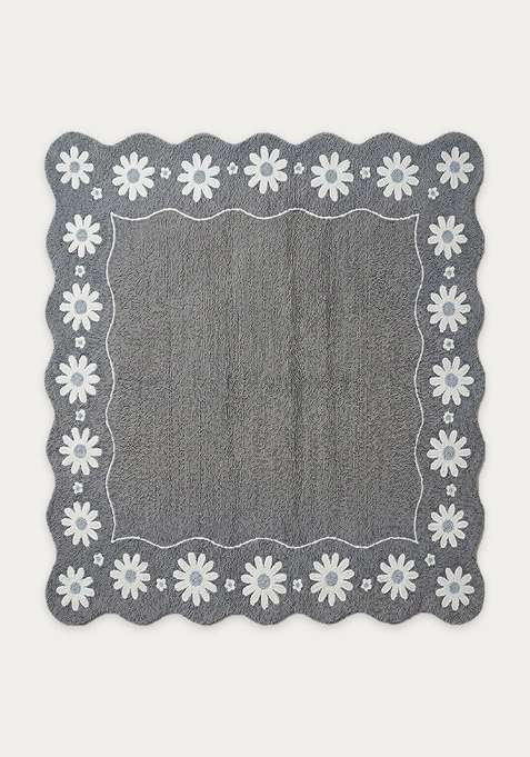 100% Wool Handmade Slate Gray Rug | Cottage Floral Square Carpet With Cotton Backing For Living Room