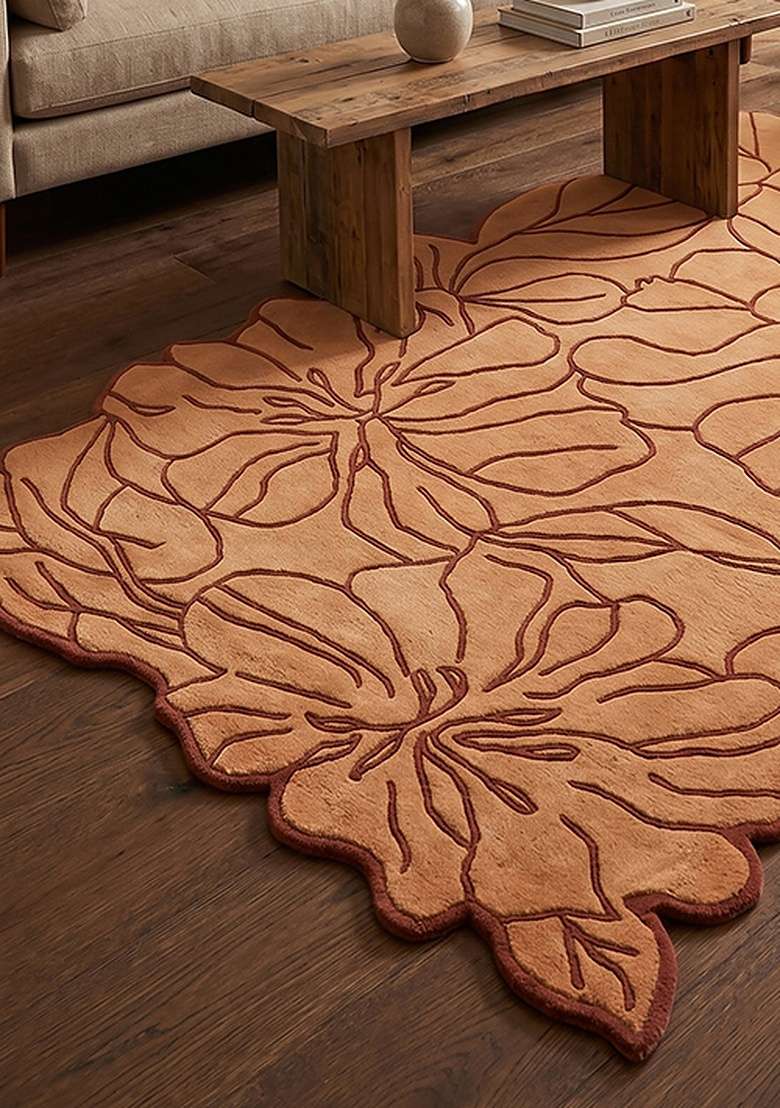 Saffron Rugs Hand-Tufted 100% Wool Area Rug | Burnt Apricot Rectangular Rug | Cotton Backing | Contemporary Leaf Home Decor Carpet for Living Room Bedroom - Indya