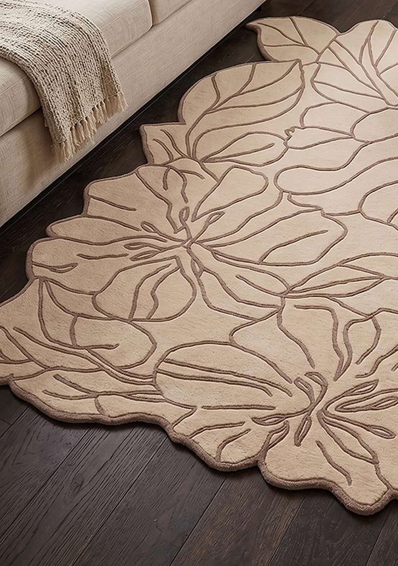 Saffron Rugs Hand-Tufted 100% Wool Area Rug | Ivory Beige Rectangular Rug | Cotton Backing | Contemporary Leaf Home Decor Carpet for Living Room Bedroom - Indya