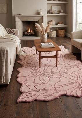 Saffron Rugs Hand Tufted Dusty Blush Pink Leaf Contemporary Rectangular Wool Area Rug