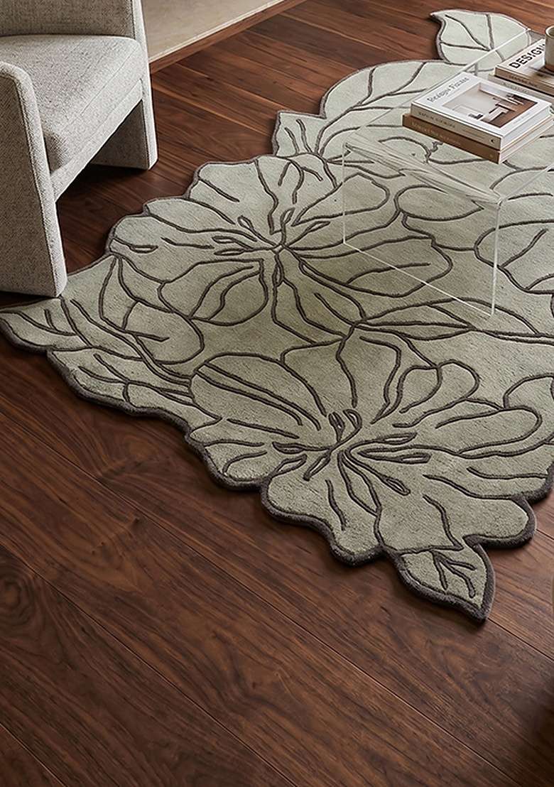 Saffron Rugs Hand-Tufted 100% Wool Area Rug | Muted Sage Rectangular Rug | Cotton Backing | Contemporary Leaf Home Decor Carpet for Living Room Bedroom - Indya