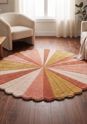 Saffron Rugs Hand Tufted Coral Pink Striped Retro Round Wool Area Rug