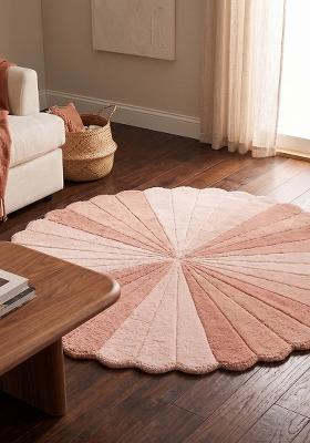 Saffron Rugs Hand Tufted Blush Pink Striped Retro Round Wool Area Rug