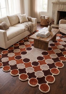 Saffron Rugs Hand Tufted Rust Orange Polka Dots Mid-Century Modern Scalloped Wool Area Rug