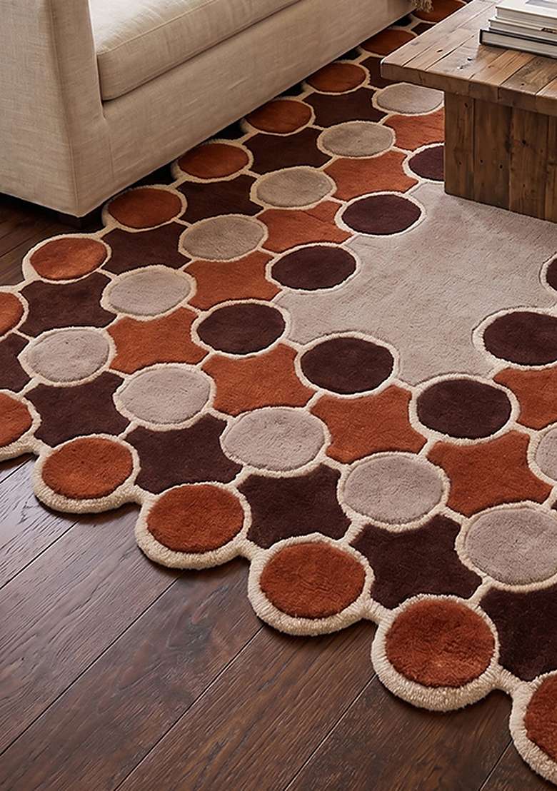 100% Wool Handmade Rust Orange Rug | Mid Century Modern Polka Dots Scalloped Carpet With Cotton Backing For Living Room - Indya