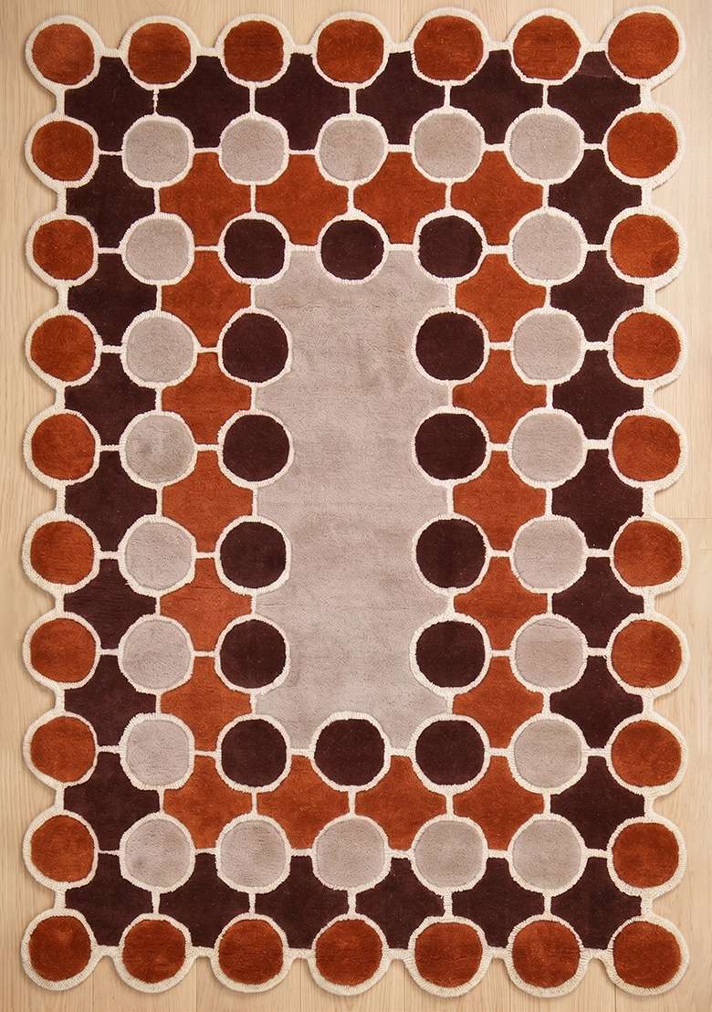 100% Wool Handmade Rust Orange Rug | Mid Century Modern Polka Dots Scalloped Carpet With Cotton Backing For Living Room - Indya