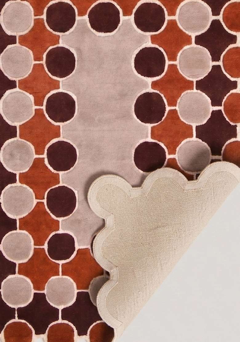 100% Wool Handmade Rust Orange Rug | Mid Century Modern Polka Dots Scalloped Carpet With Cotton Backing For Living Room - Indya
