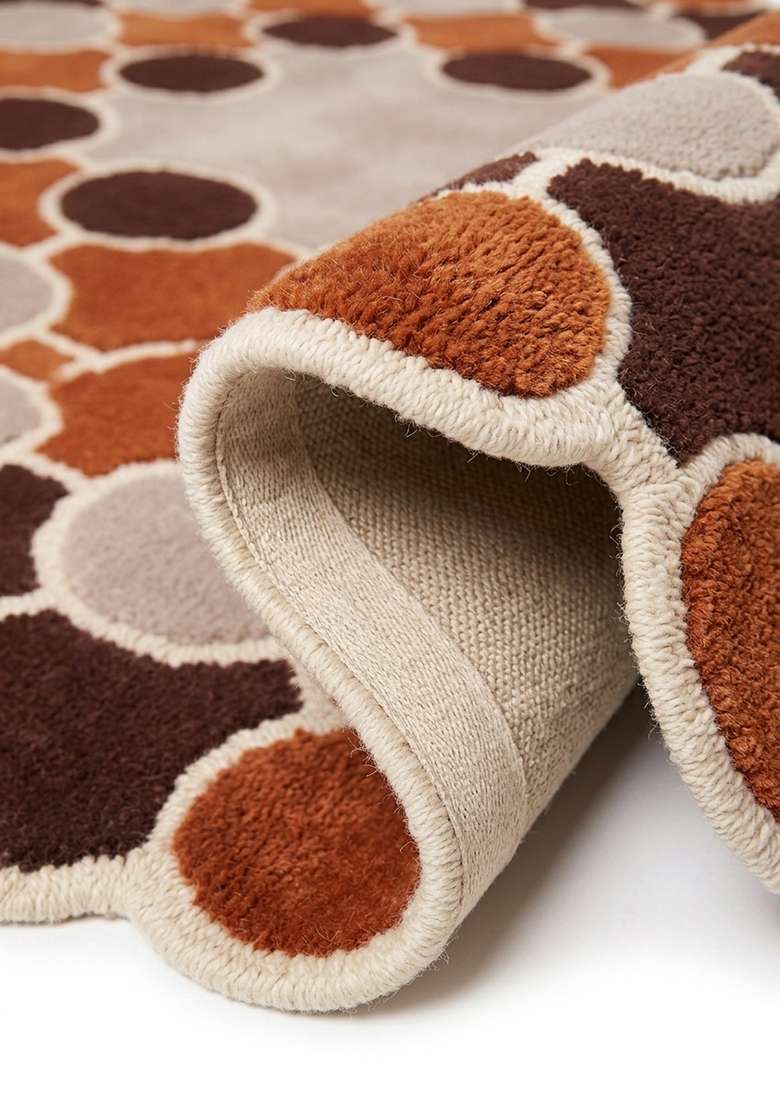 100% Wool Handmade Rust Orange Rug | Mid Century Modern Polka Dots Scalloped Carpet With Cotton Backing For Living Room - Indya