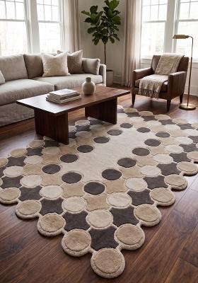 Saffron Rugs Hand Tufted Ivory Polka Dots Mid-Century Modern Scalloped Wool Area Rug