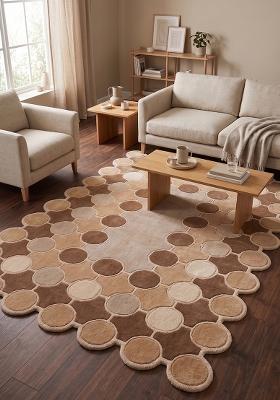 Saffron Rugs Hand Tufted Warm Camel Polka Dots Mid-Century Modern Scalloped Wool Area Rug