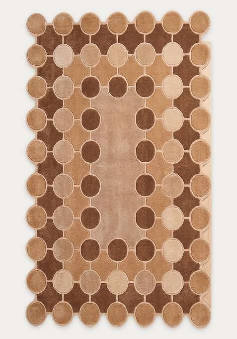100% Wool Handmade Warm Camel Rug | Mid Century Modern Polka Dots Scalloped Carpet With Cotton Backing For Living Room