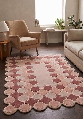Saffron Rugs Hand Tufted Dusty Rose Polka Dots Mid-Century Modern Scalloped Wool Area Rug
